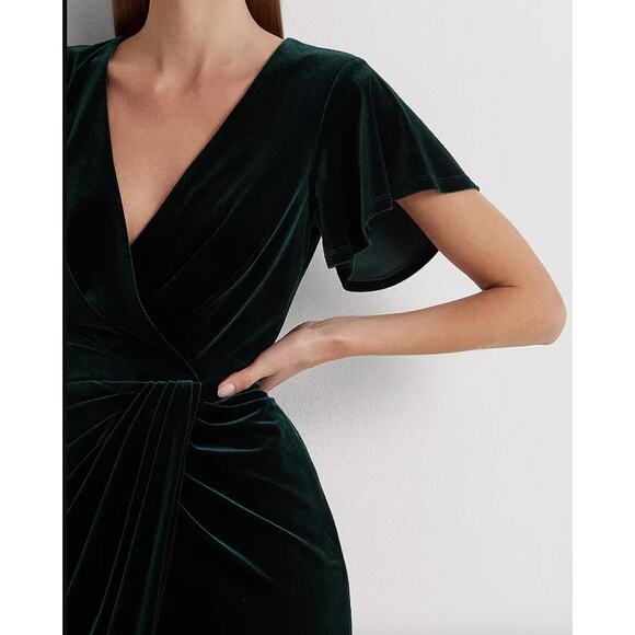 Lauren Ralph Lauren Velvet Flutter Sleeve Cocktail Midi Dress Green US 16 NWT - Picture 2 of 14